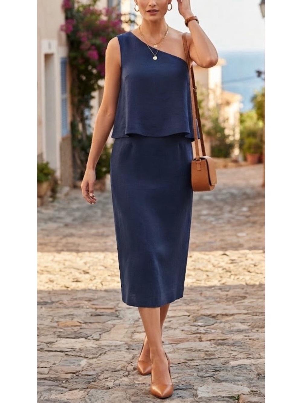 NEW $158 Size 8 Antonio Melani Blue Linen Blend One Shoulder Midi Sheath Dress
